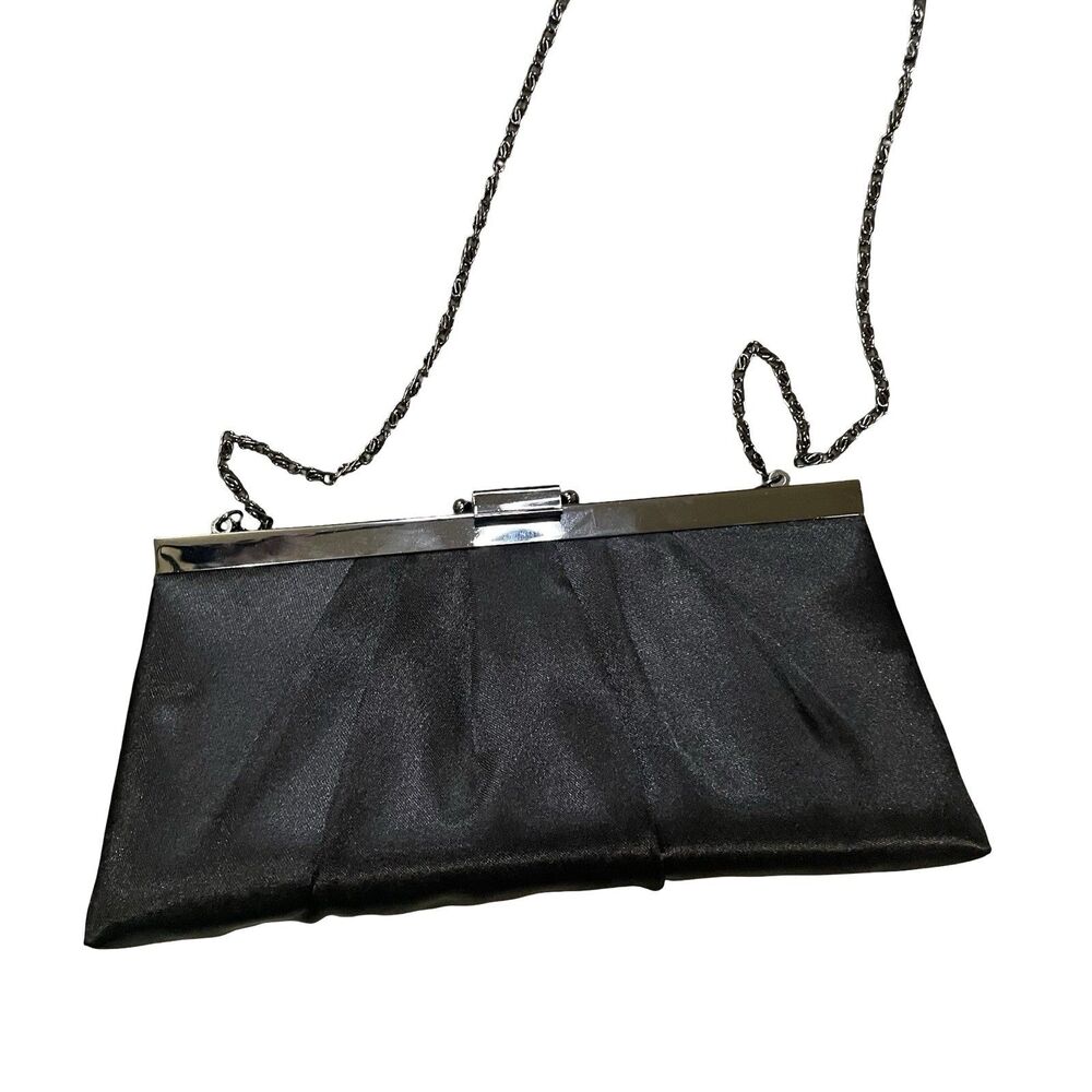 Vintage Gunne Sax Black Satiny Clutch/Purse With Black Chain Strap 8" x 3" x 2"